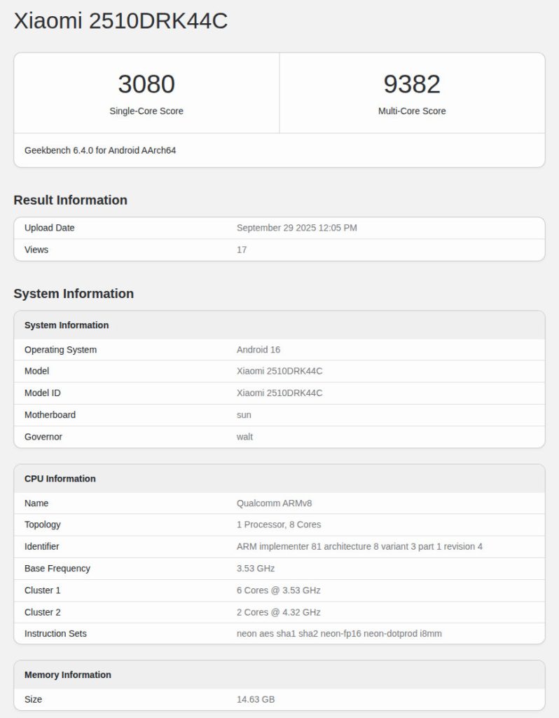 نتائج اختبار الأداء لهاتف Redmi K90 على منصة Geekbench بمعالج Snapdragon 8 Elite Gen 5.