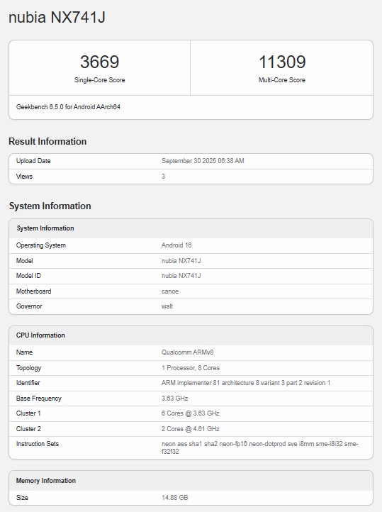 نتائج اختبار أداء هاتف Nubia Z80 Ultra على منصة Geekbench