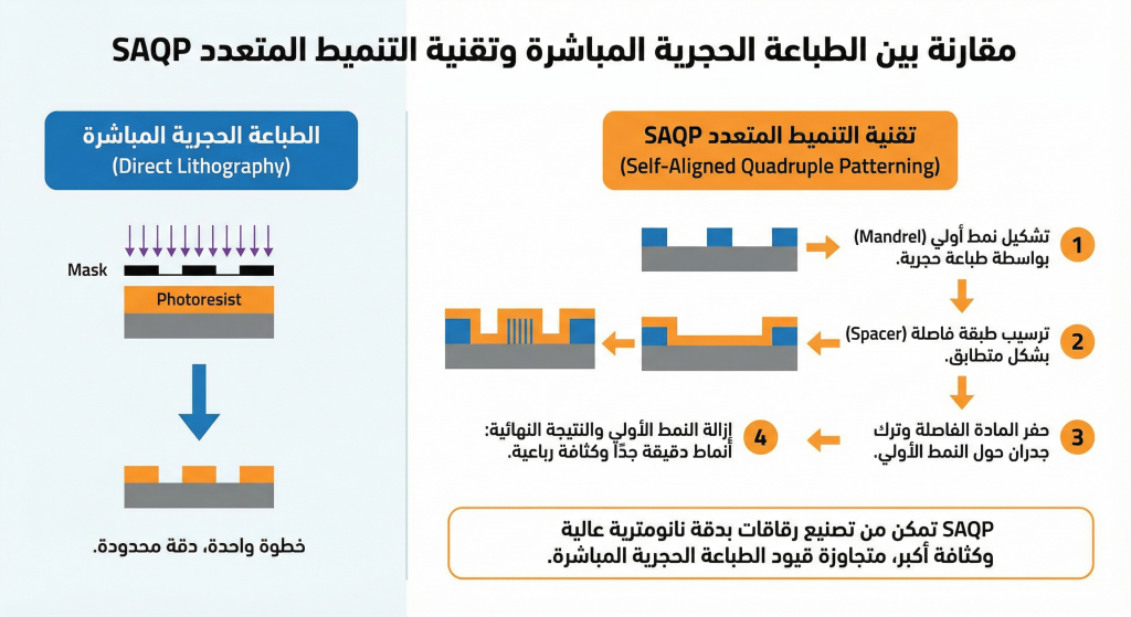 إنفوجرافيك مبسط يشرح الفرق بين الطباعة الحجرية المباشرة وتقنية التنميط المتعدد SAQP. النص البديل: شرح آلية عمل تقنية SAQP في صناعة الرقاقات
