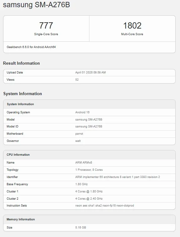 نتائج اختبار منصة Geekbench الخاصة بتأكيد مواصفات Galaxy A27 5G.